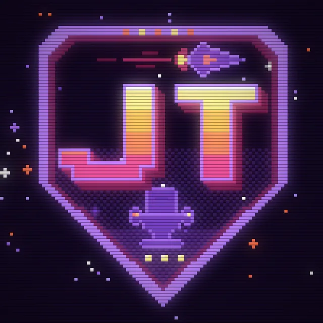 The @jamztiberius JT badge: a glowing synthwave shield with the letters JT and a pixel spaceship