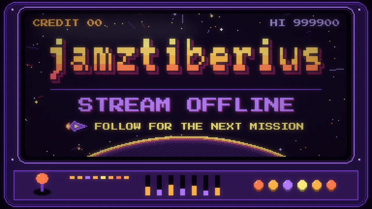 The @jamztiberius offline screen: an arcade cabinet display reading jamztiberius, Stream Offline, Follow for the next mission