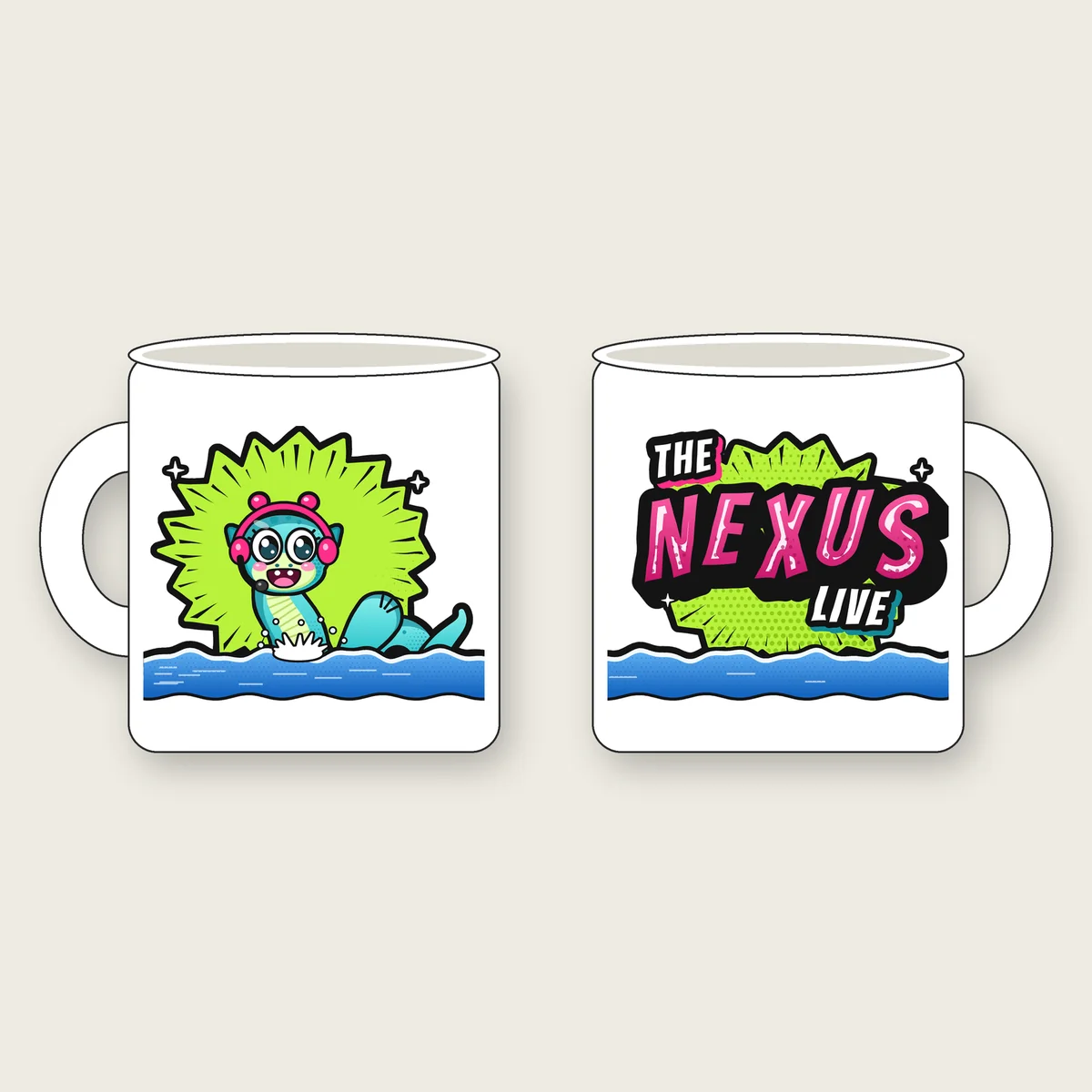 Nexie Loch Mug (11oz) mockup featuring Nexie, the teal Loch Ness mascot of The Nexus Live