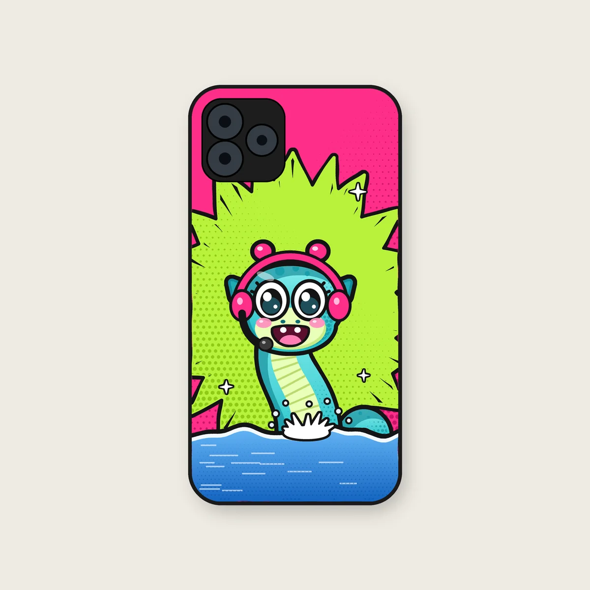 Nexie Burst Phone Case mockup featuring Nexie, the teal Loch Ness mascot of The Nexus Live