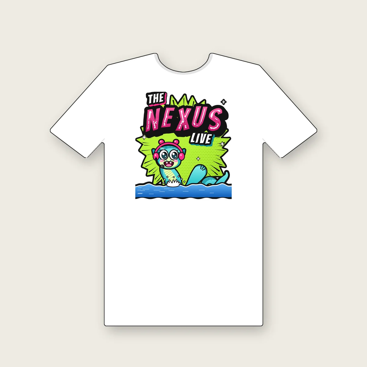 Nexie Splash Tee mockup featuring Nexie, the teal Loch Ness mascot of The Nexus Live