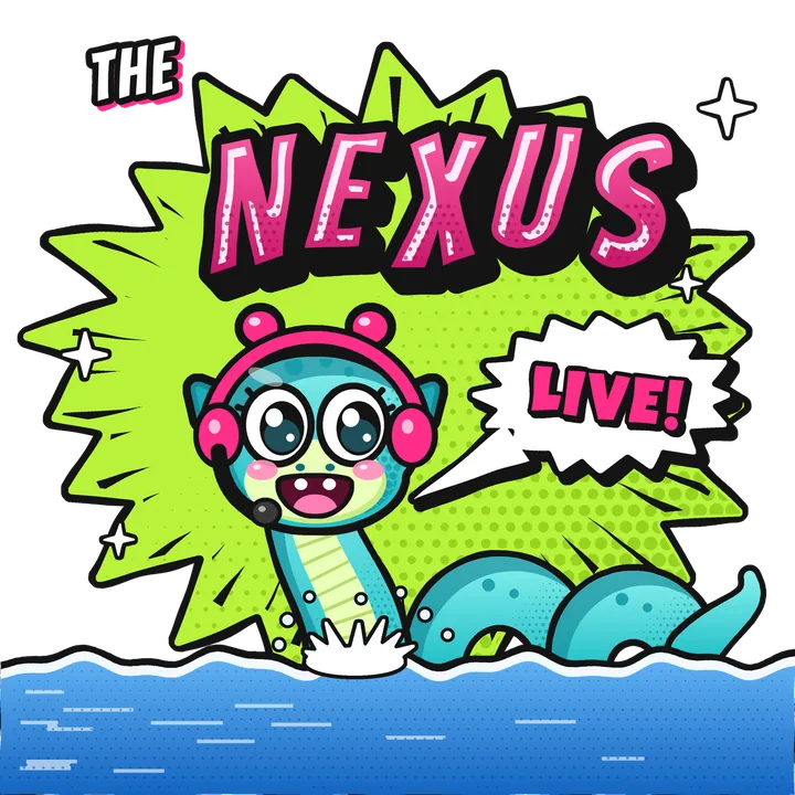 Nexie, The Nexus Live's Loch Ness monster mascot, in pink headphones popping out of the water under the show's logo
