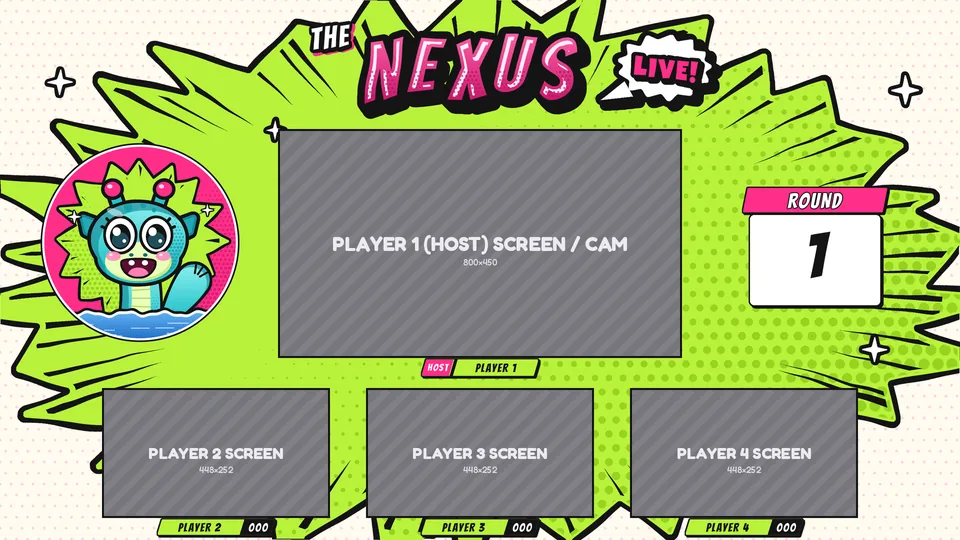 Lobby layout preview: the host's screen and cam in the middle, three player screens along the bottom, Nexie on the left and a round counter on the right