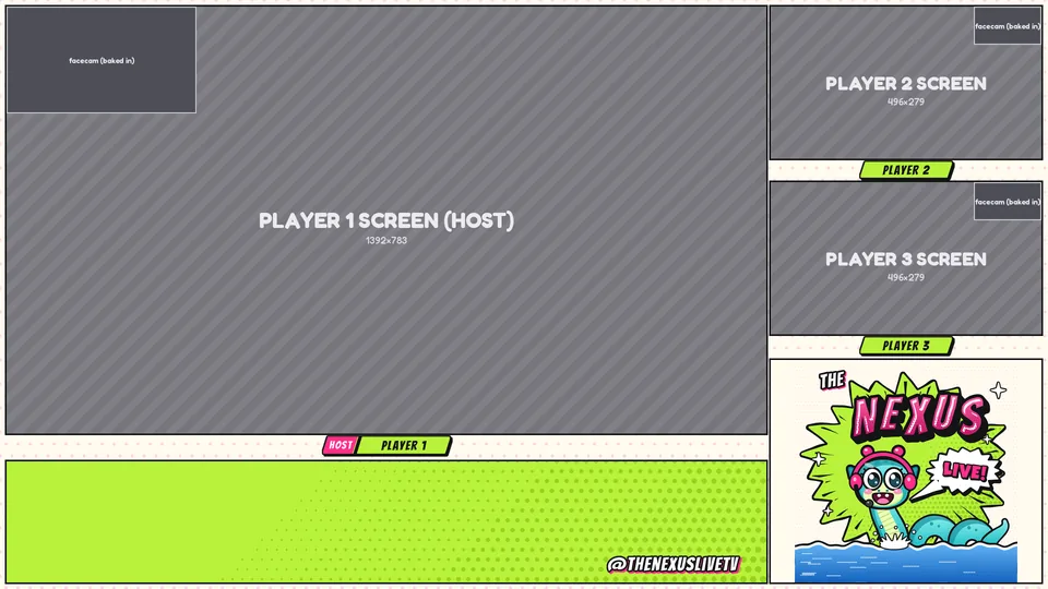 Three-player layout preview: a large host screen on the left and two smaller player screens stacked on the right, with The Nexus Live logo in the corner
